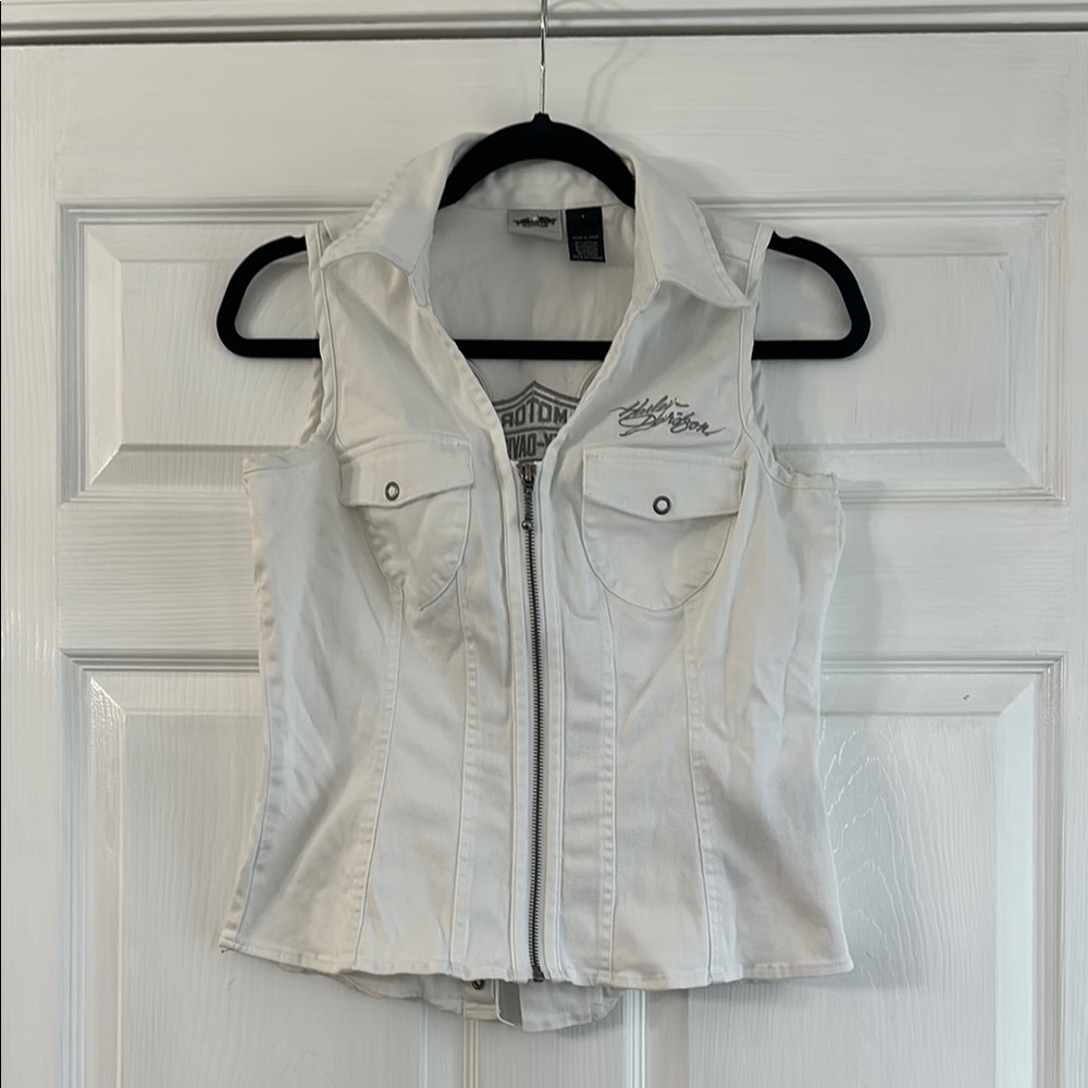 Harley-Davidson White Fitted Notched Collar Tank Top